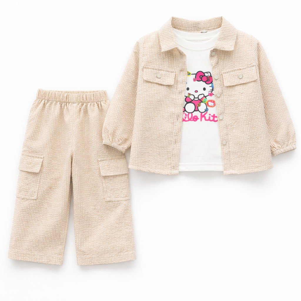 Cream Beige Kitty Print Casual Coord Set (3-Piece)