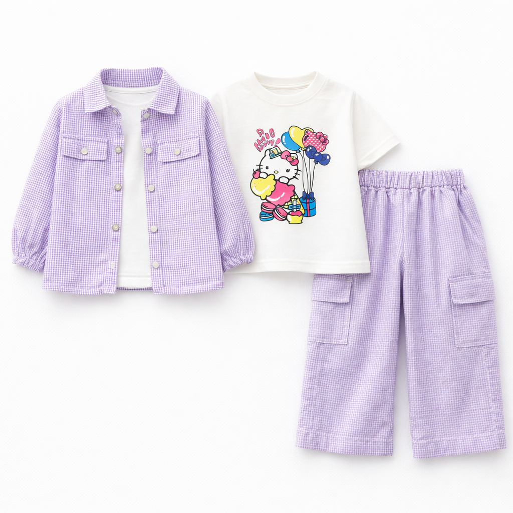 Lilac Kitty Print Casual Coord Set (3-Piece)