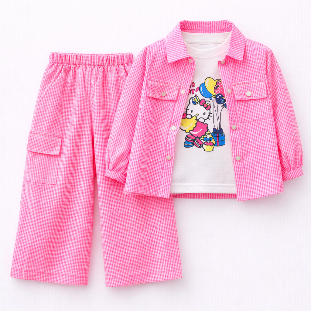 Candy Pink Kitty Print Casual Coord Set (3-Piece)