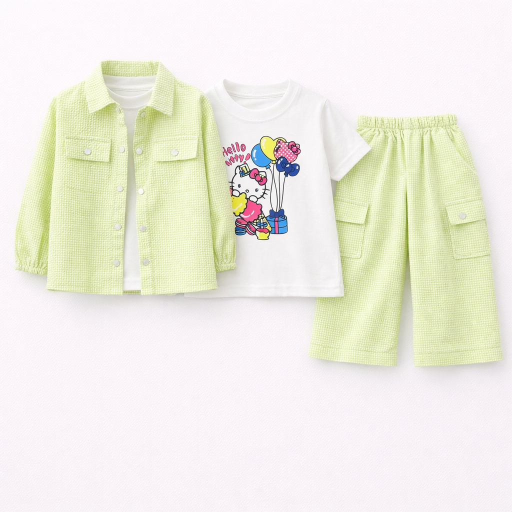 Pistachio Green Kitty Print Casual Coord Set (3-Piece)