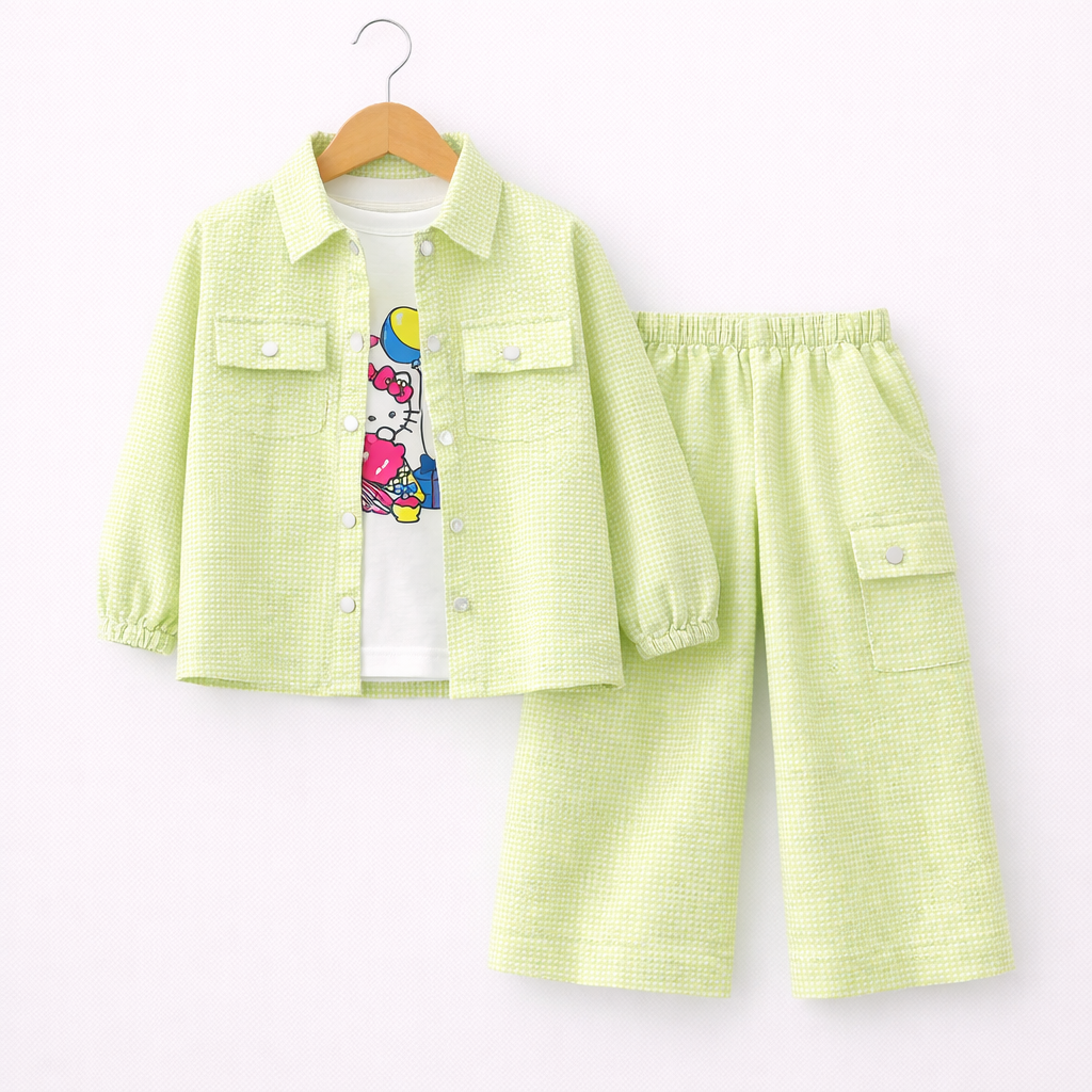 Pistachio Green Kitty Print Casual Coord Set (3-Piece)