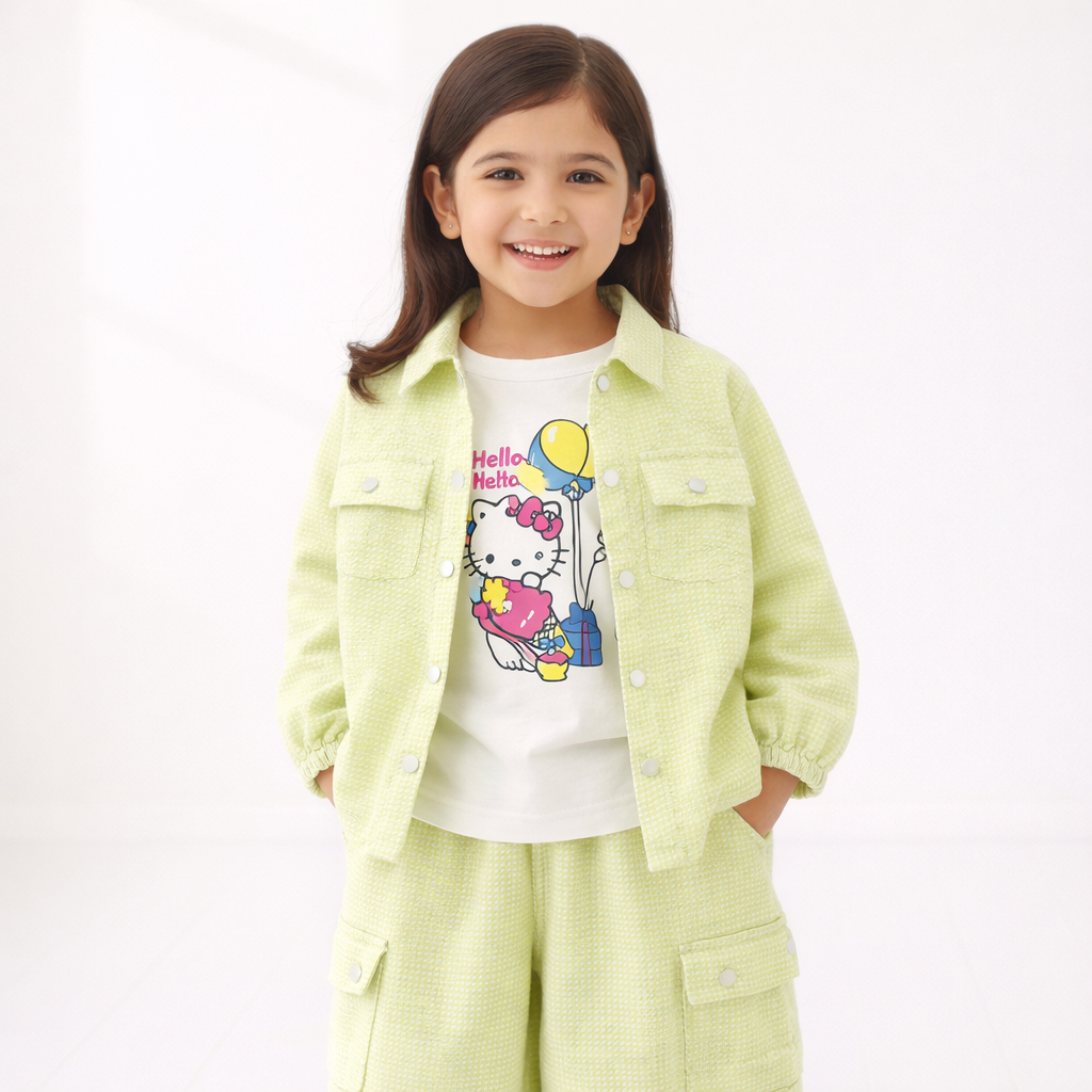 Pistachio Green Kitty Print Casual Coord Set (3-Piece)