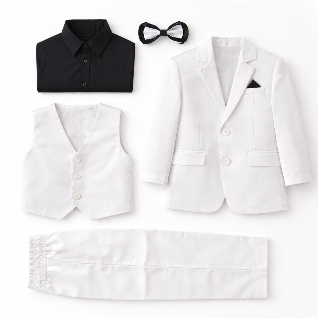 Boys White & Black Coat Pant (4-Piece)