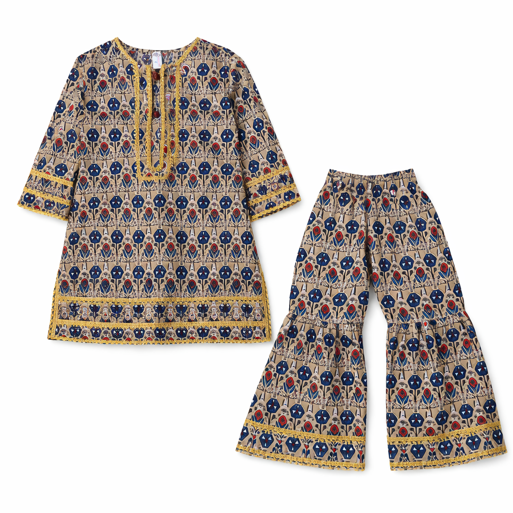 Brown floral print girls' kurti and pajama set by lilcubspk, featuring a stylish floral kurti and matching pajama in a 2-piece design.