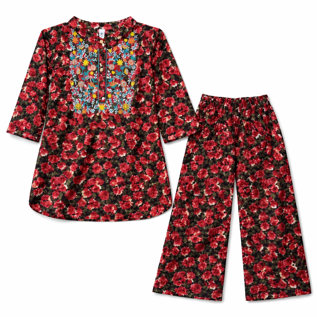 Red Pastel Print Kurti Pajma (2-Piece)