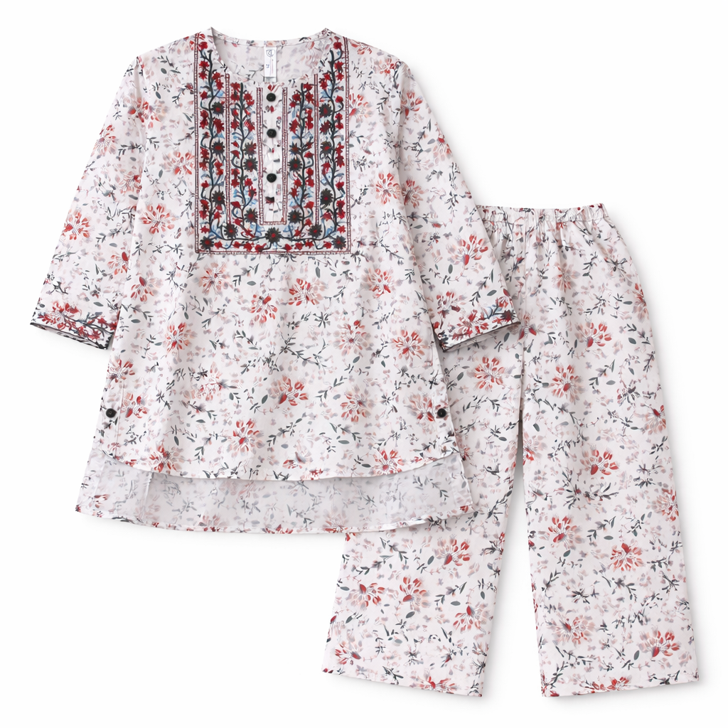 White Floral Print Kurti Plain Pajma (2-Piece)