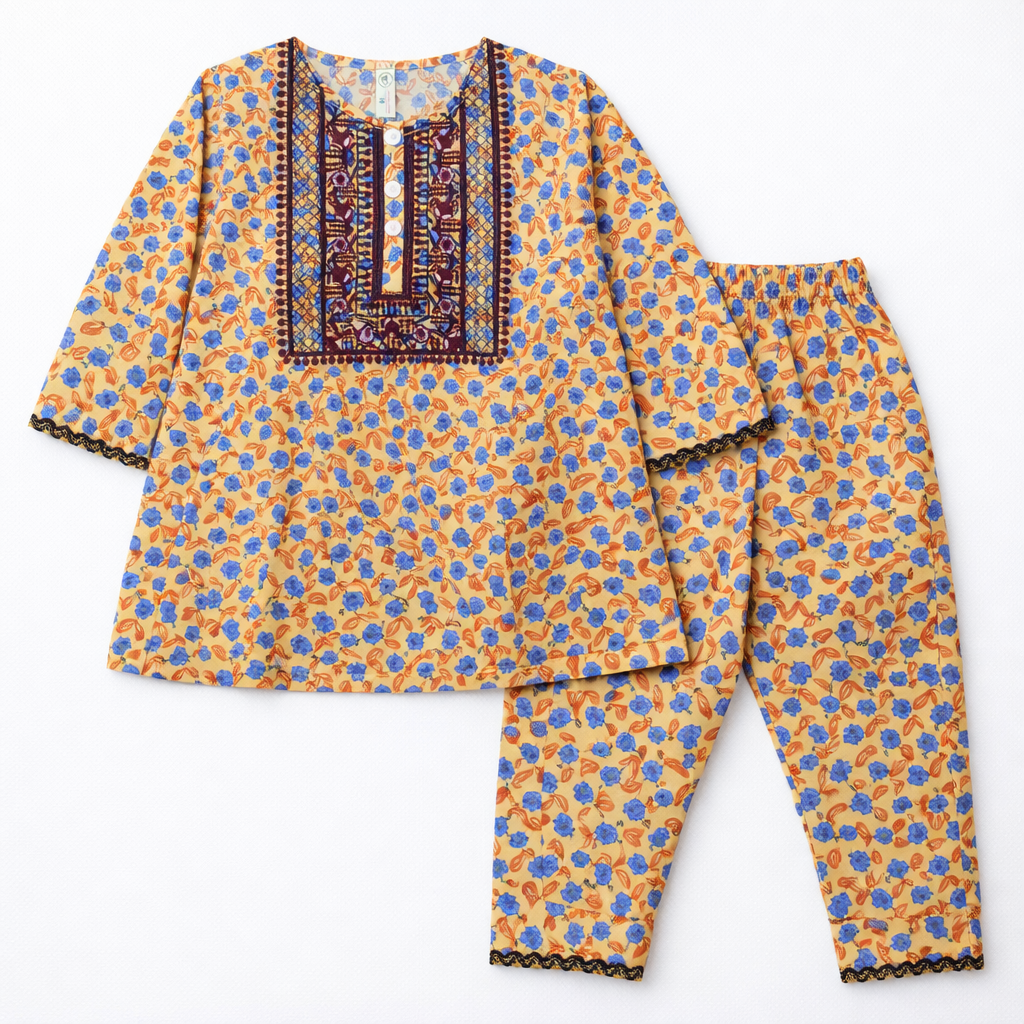 Light Yellow Pastel Print Kurti Pajma (2-Piece)