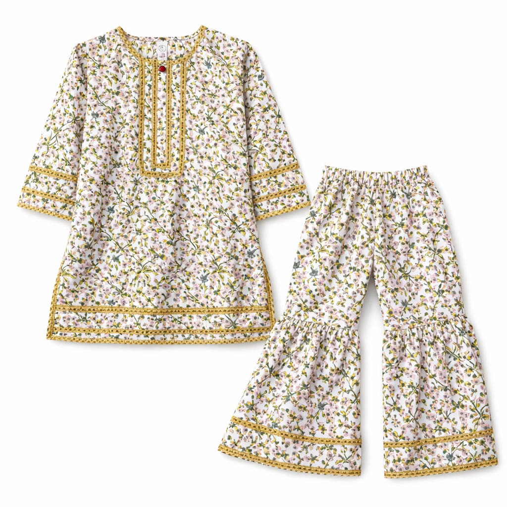 White Floral Print Kurti Shahrara (2-Piece) - Lil' Cubs