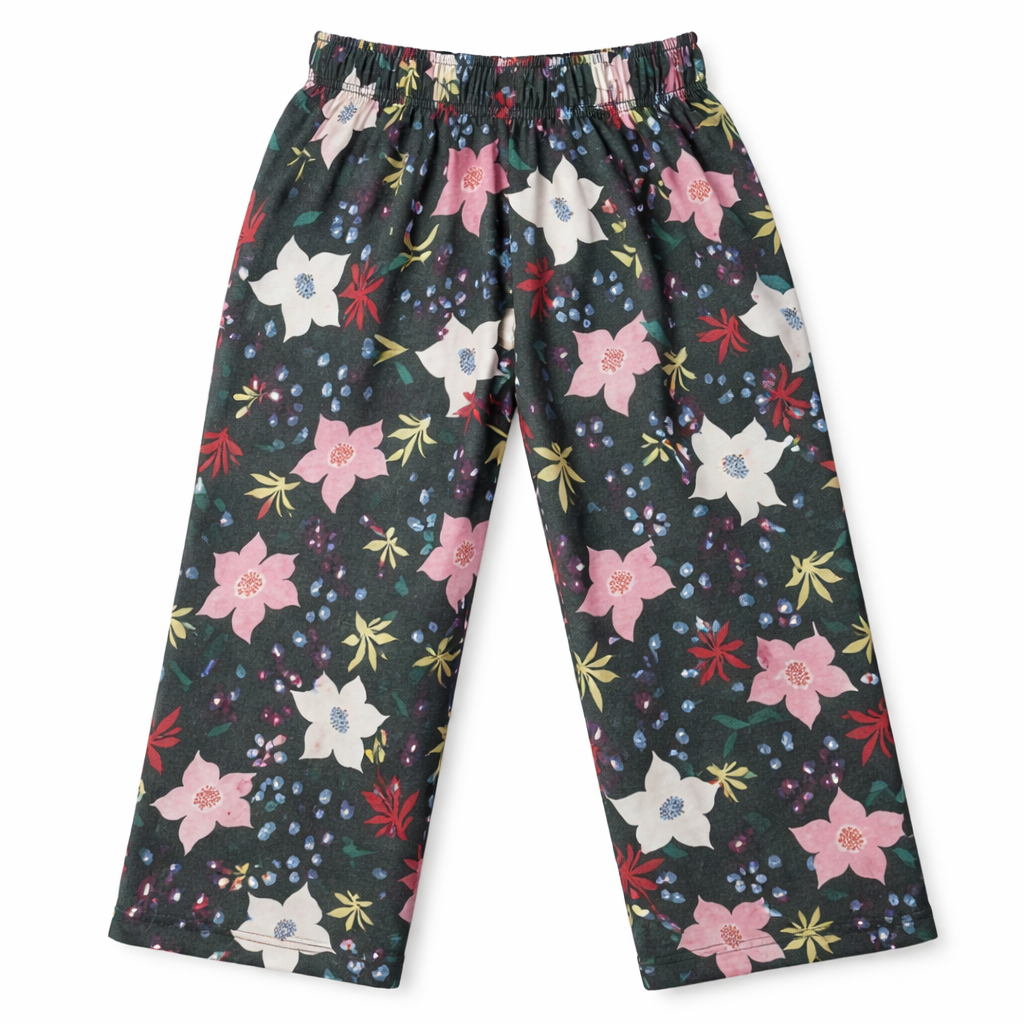 Girls floral bloom dark grey cotton pajamas with comfortable fit, featuring a charming floral pattern from lilcubspk.