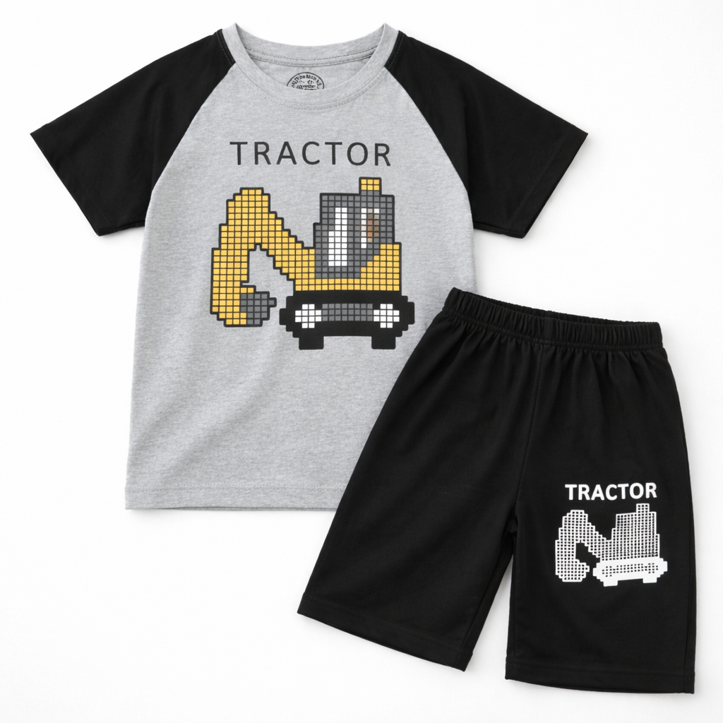 Tractor Black & Grey Summer Coord Set - Tractor Print, Summer Coord Set, Kidswear, Kids Outfits, Boys Fashion - Jersey Cotton Fabric - 1-12 Years - Lil' Cubs