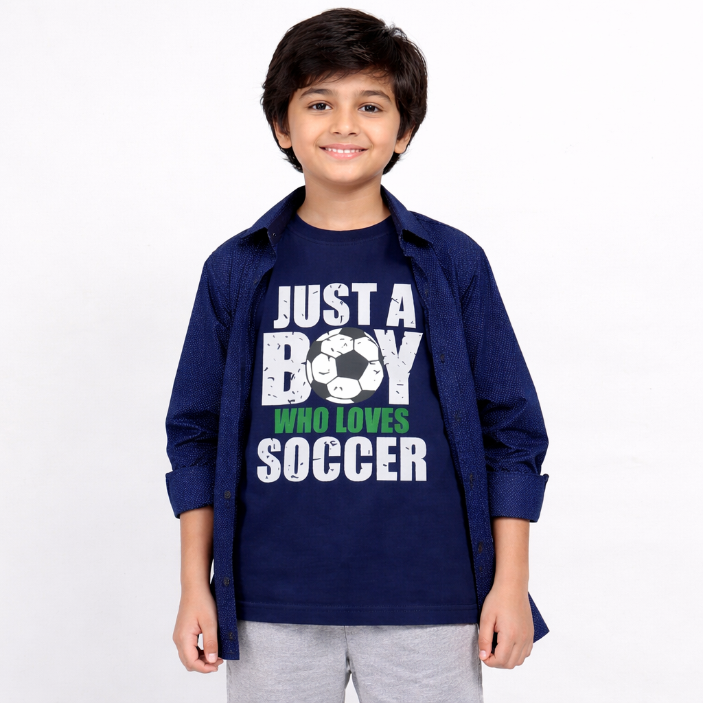 Blue Casual Shirt with Soccer Graphic T-Shirt Outfit
