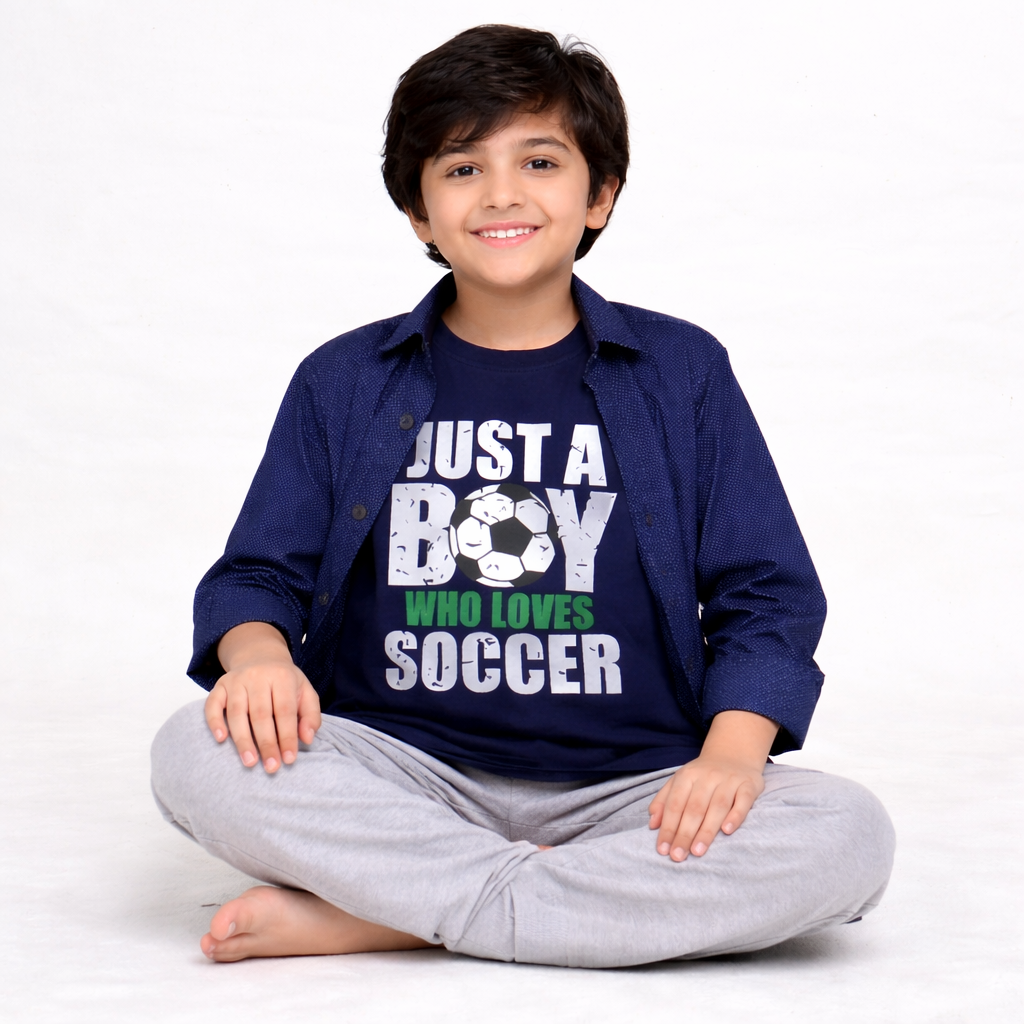 Blue Casual Shirt with Soccer Graphic T-Shirt Outfit