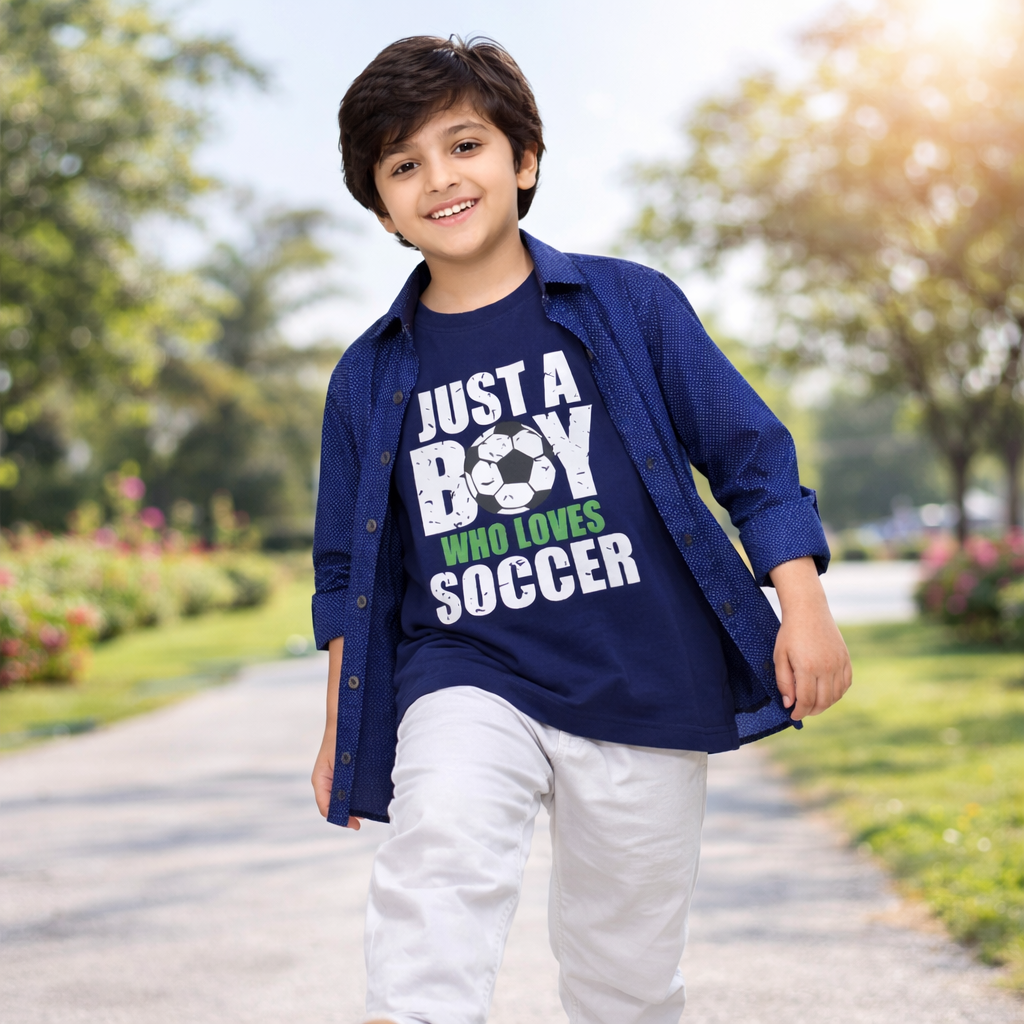 Blue Casual Shirt with Soccer Graphic T-Shirt Outfit