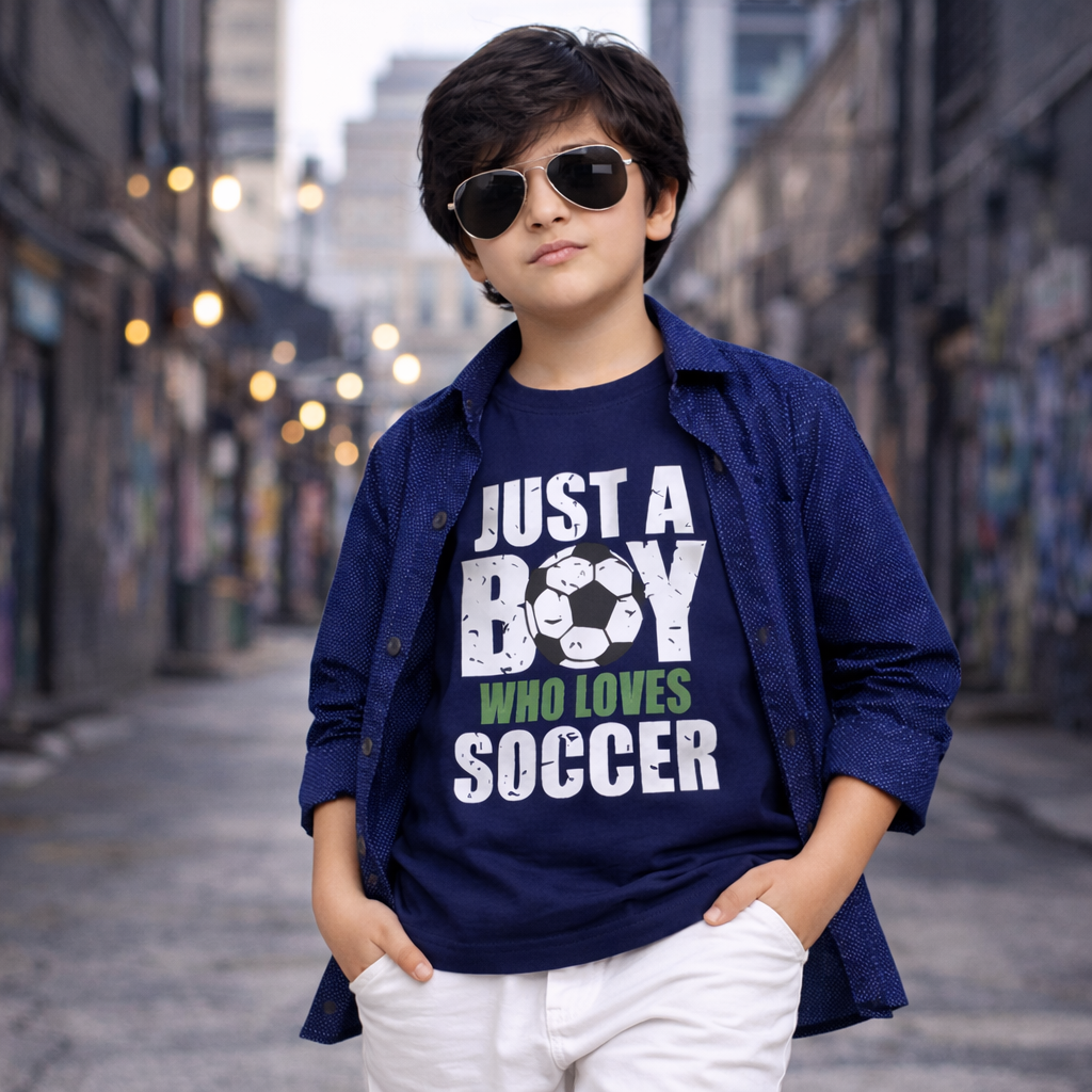Blue Casual Shirt with Soccer Graphic T-Shirt Outfit