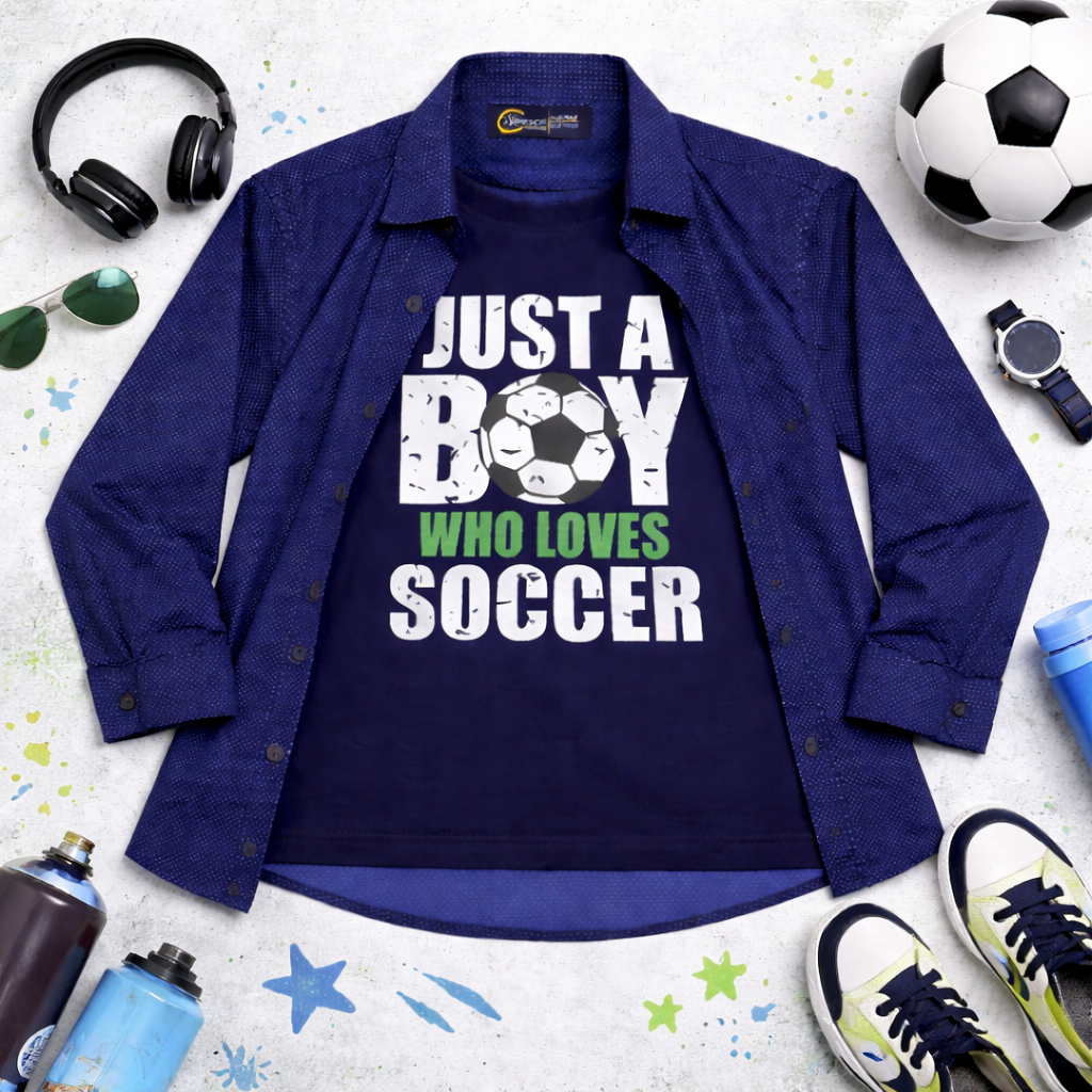 Blue Casual Shirt with Soccer Graphic T-Shirt Outfit