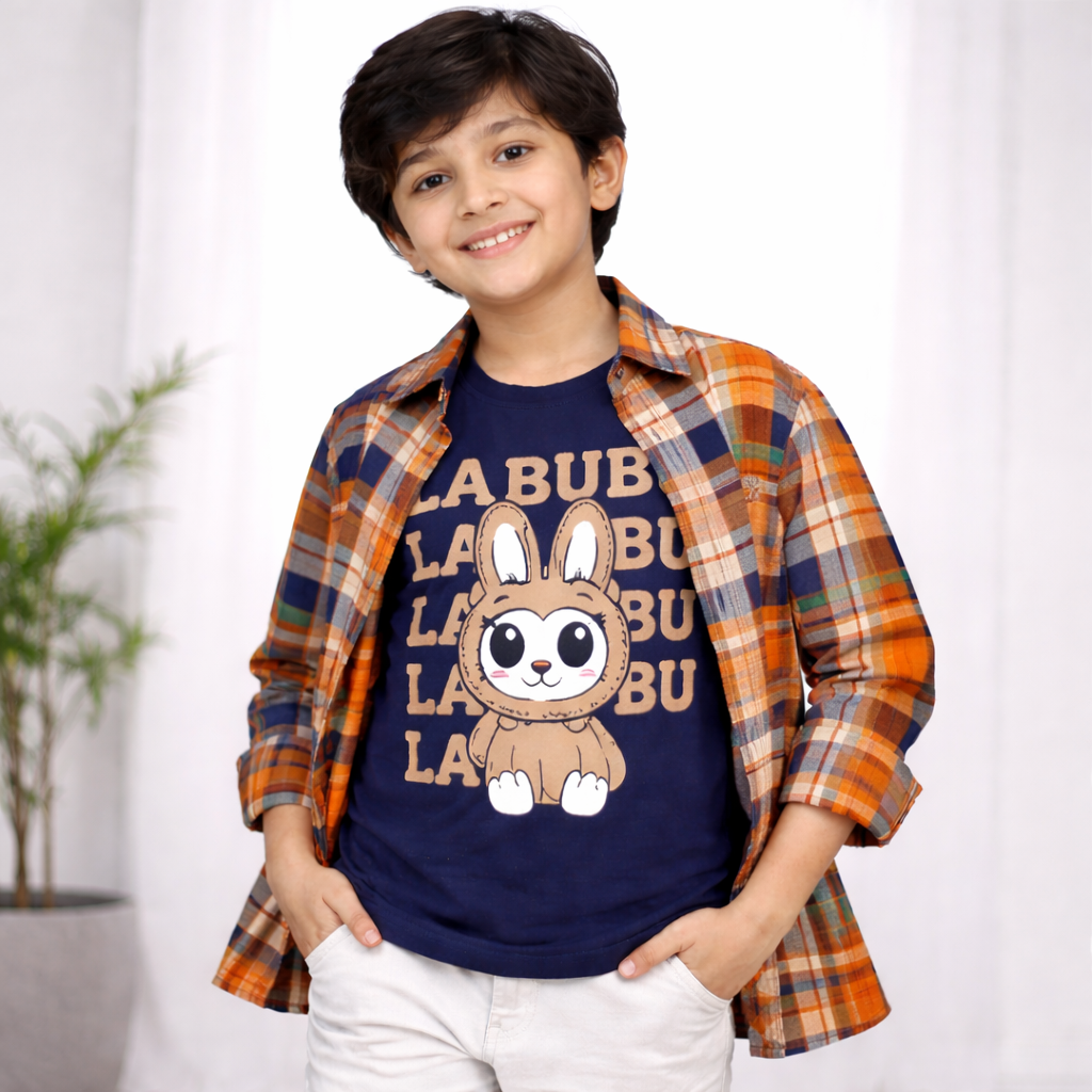 Checked Casual Shirt with LABUBU Graphic T-Shirt Outfit - Lil' Cubs