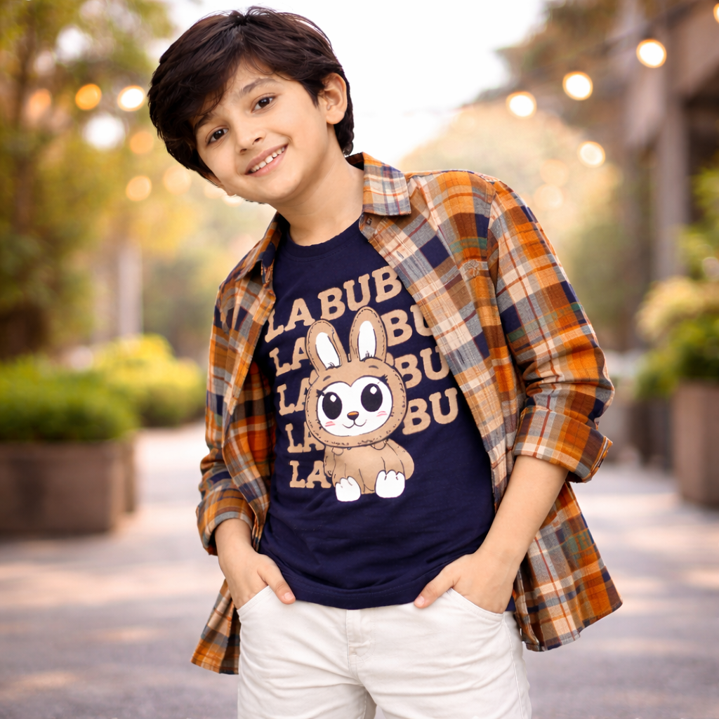 Checked Casual Shirt with LABUBU Graphic T-Shirt Outfit