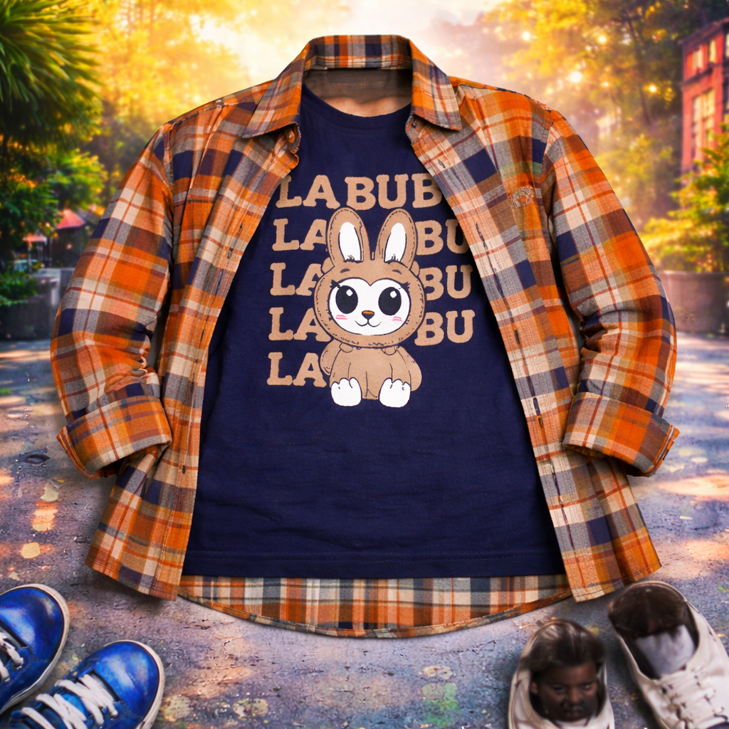 Checked Casual Shirt with LABUBU Graphic T-Shirt Outfit