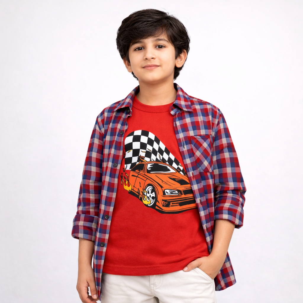 Checked Casual Shirt Racing Car Graphic T-Shirt Outfit