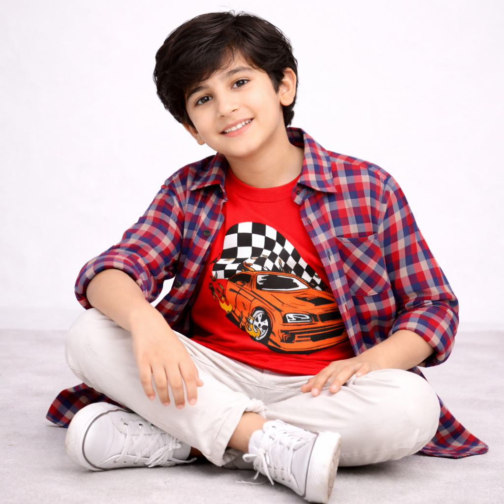 Checked Casual Shirt Racing Car Graphic T-Shirt Outfit