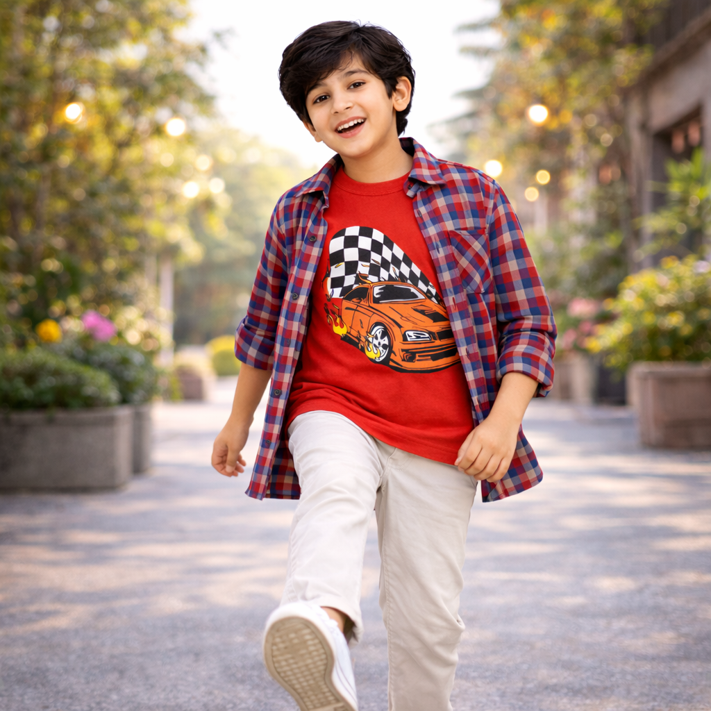 Checked Casual Shirt Racing Car Graphic T-Shirt Outfit