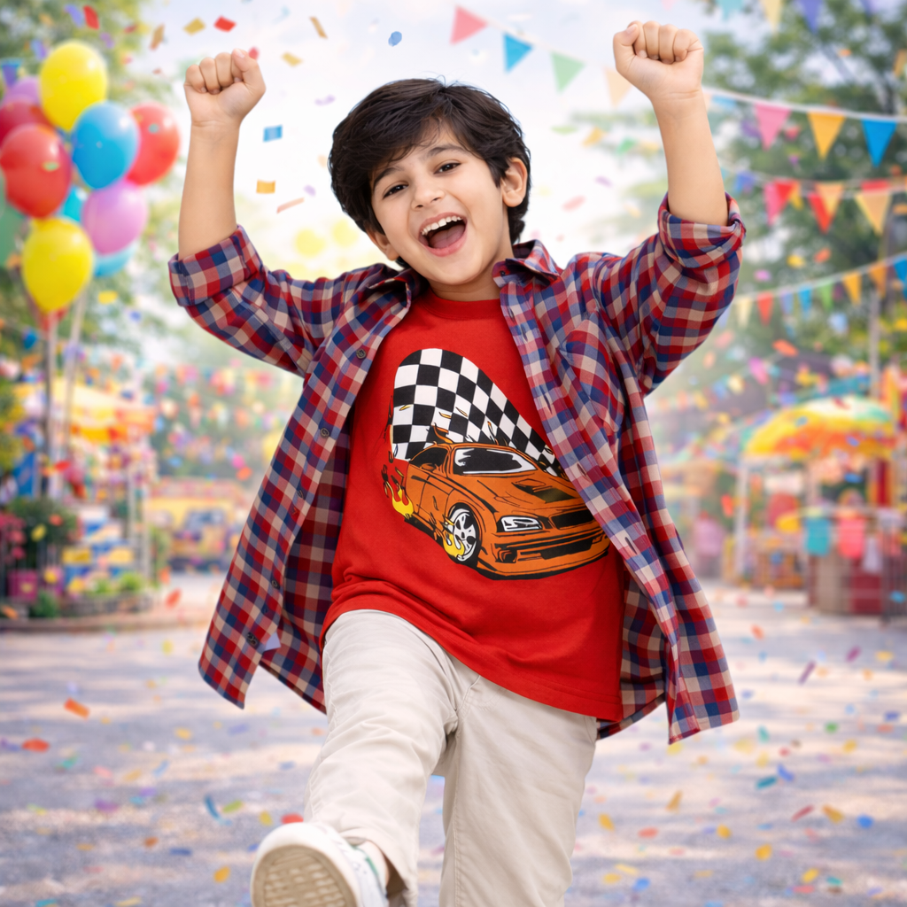 Checked Casual Shirt Racing Car Graphic T-Shirt Outfit