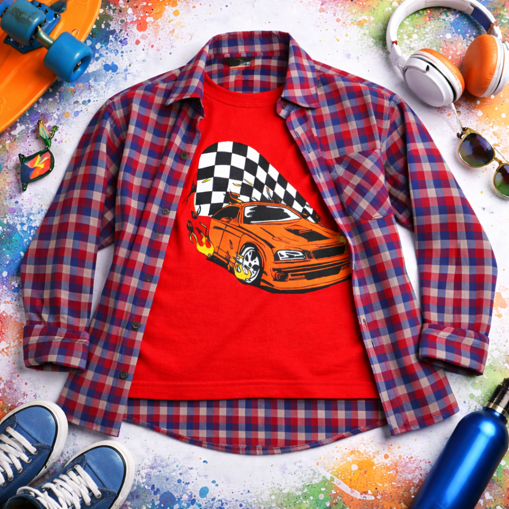Checked Casual Shirt Racing Car Graphic T-Shirt Outfit