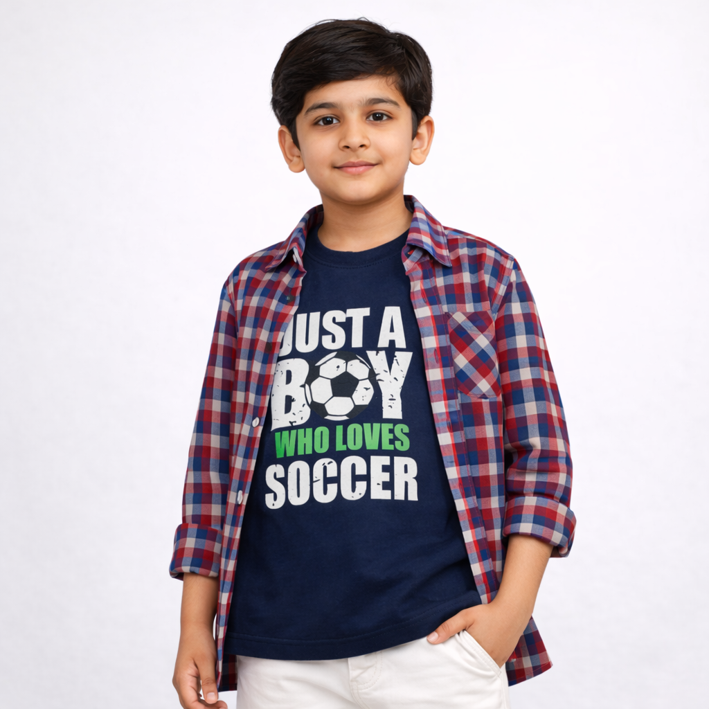 Red Check Casual Shirt with Soccer Graphic T-Shirt Outfit