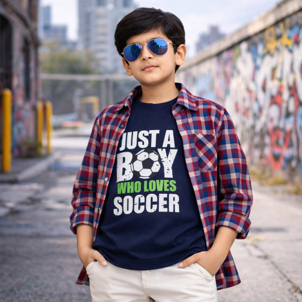 Red Check Casual Shirt with Soccer Graphic T-Shirt Outfit
