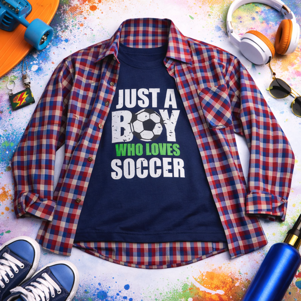 Red Check Casual Shirt with Soccer Graphic T-Shirt Outfit