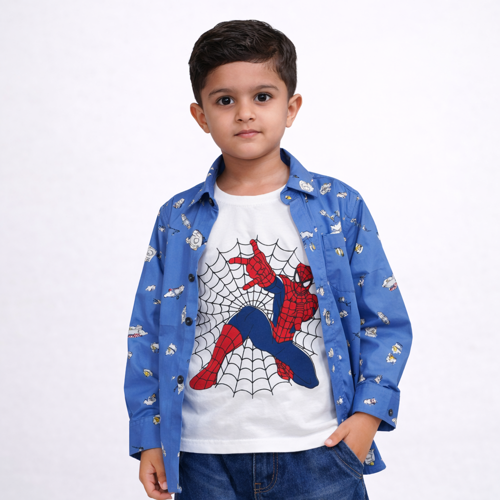 Blue Printed Casual Shirt with Spider Superhero Graphic T-Shirt Outfit