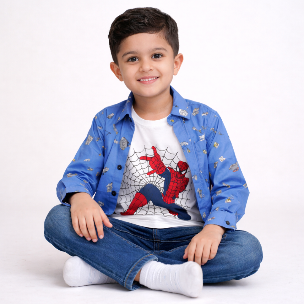 Blue Printed Casual Shirt with Spider Superhero Graphic T-Shirt Outfit