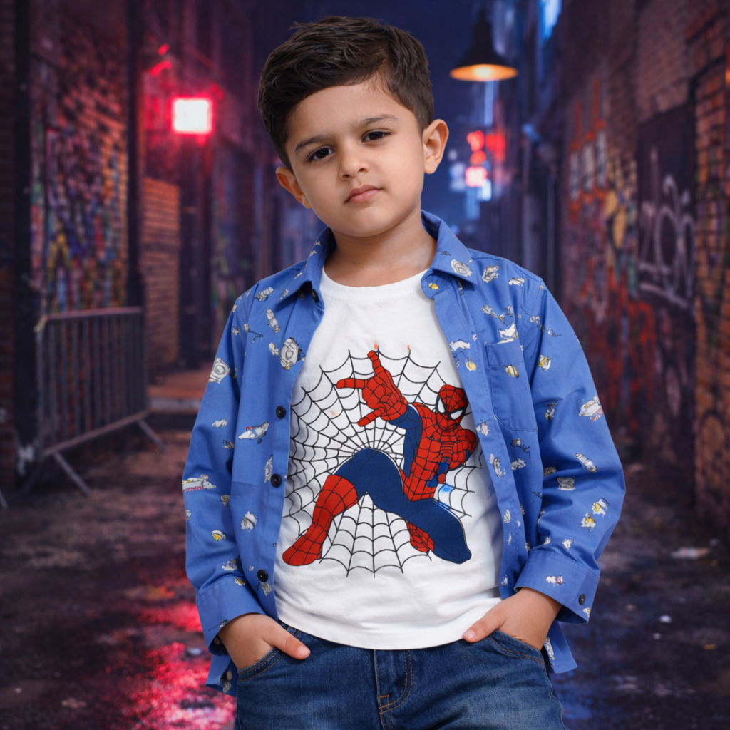 Blue Printed Casual Shirt with Spider Superhero Graphic T-Shirt Outfit