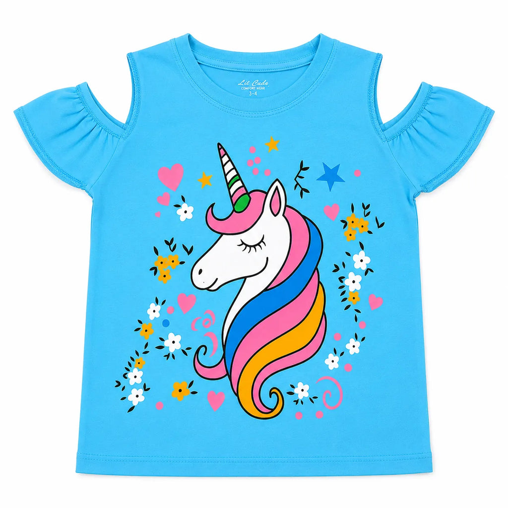 Girls Sky Blue Unicorn Summer T-Shirt - Size 1 - 12 Years