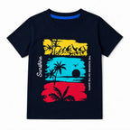 Boys navy blue summer coord set with sun pattern for ages 1 to 12, includes shorts and T-shirt from lilcubspk.