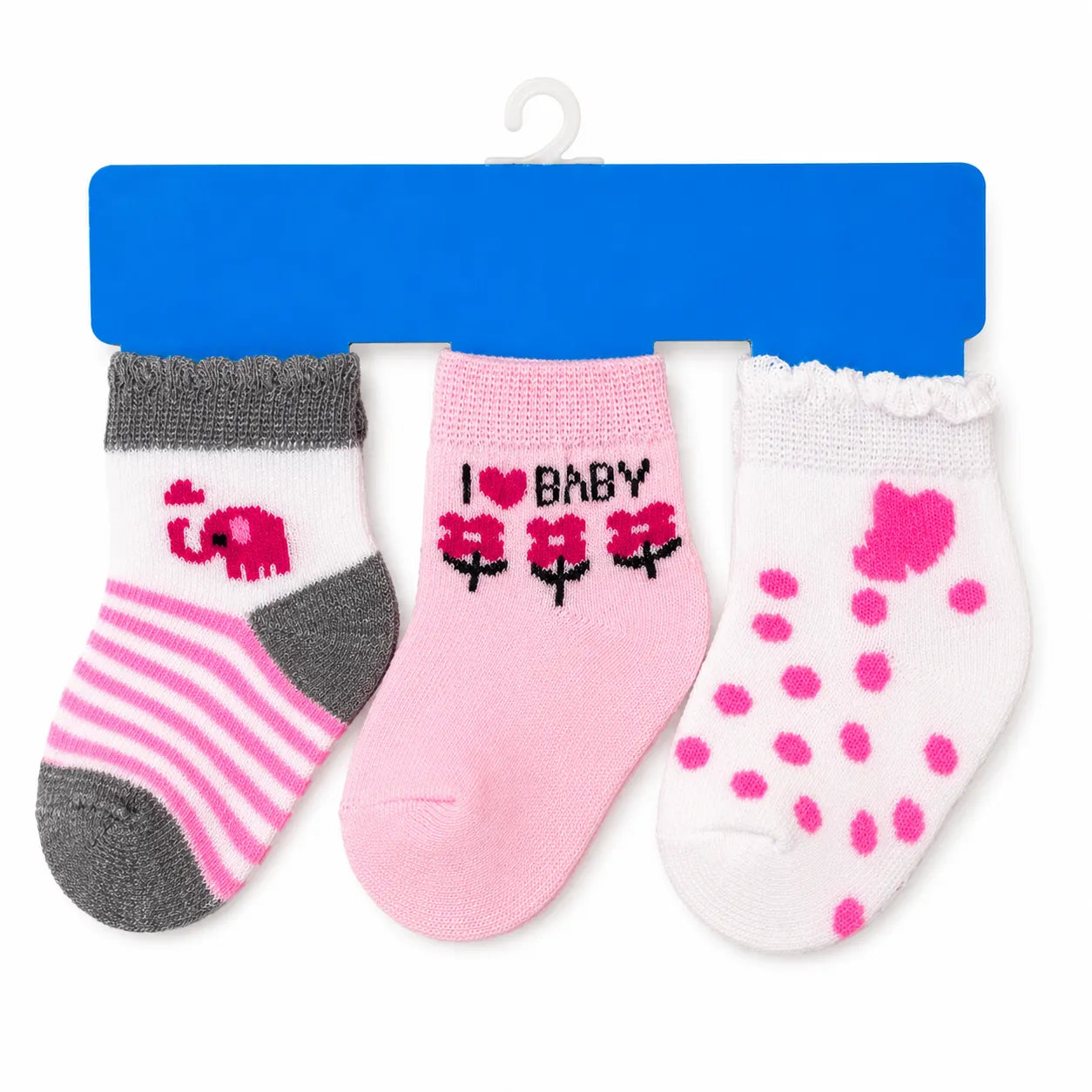 New Born Cotton Socks Pack of 3 – Elephant, I Love Baby & Dot Design