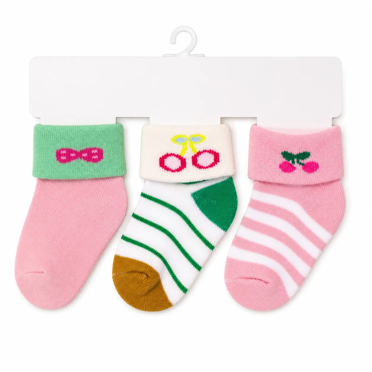 New Born Cotton Socks Pack of 3 – Bow, Lining & Cherry Design