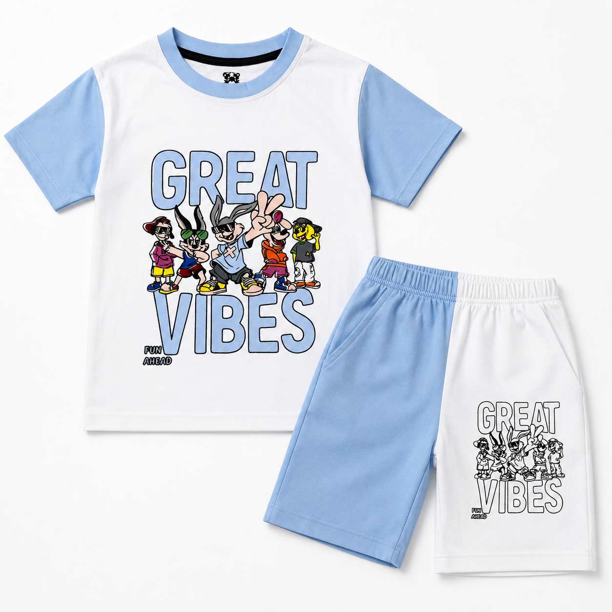Boys Sky Blue Great Vibes Summer Coord Set (1–12 Years)
