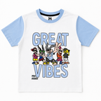Boys sky blue Great Vibes summer coord set by lilcubspk for ages 1 to 12, featuring a matching top and shorts for warm weather.