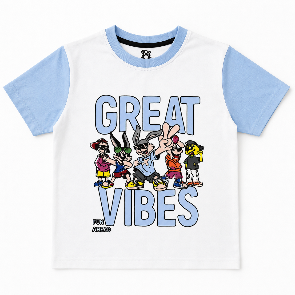 Boys sky blue Great Vibes summer coord set by lilcubspk for ages 1 to 12, featuring a matching top and shorts for warm weather.