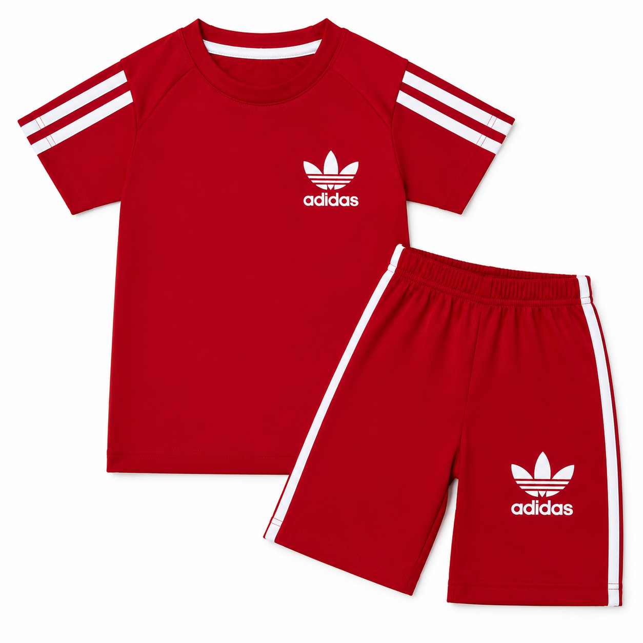 Boys royal red Adidas summer coordinated set with t-shirt and shorts, casual athletic style for kids aged 1 to 12 years.