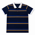 Navy blue boys' polo t-shirt with lining from lilcubspk, suitable for ages 2 to 12, shown with front view and collar details.