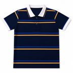 Navy blue boys' polo t-shirt with lining from lilcubspk, suitable for ages 2 to 12, shown with front view and collar details.