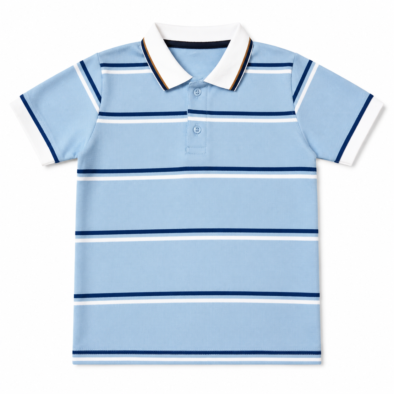 Light blue boys polo shirt with white collar by lilcubspk, suitable for ages 2 to 12 years, displayed on a hanger.