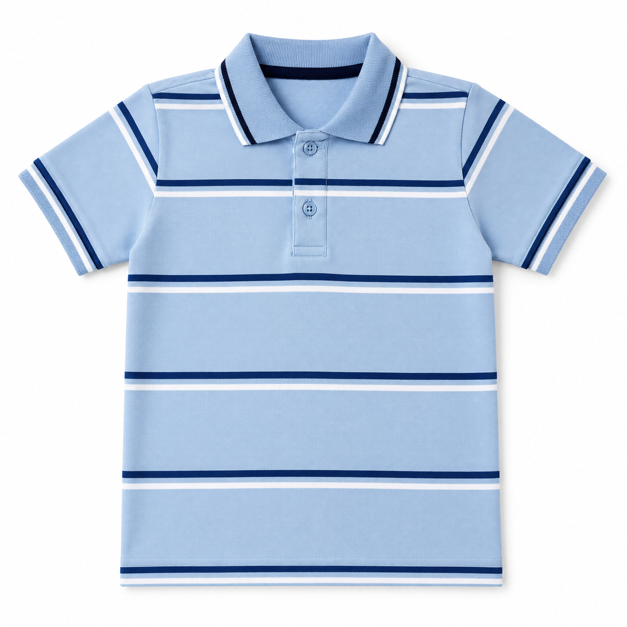 Light blue boys' polo t-shirt with lining from lilcubspk, suitable for ages 2 to 12, featuring a classic collar and short sleeves.
