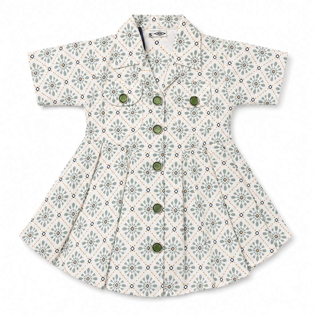 Girls Off White Flower Pattern Summer Cotton Frock (Ages 2-5)