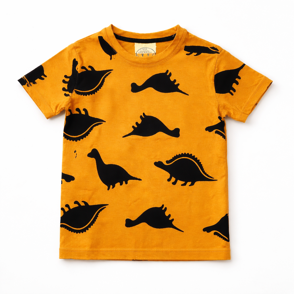 Lil' Cubs mustard Dino summer coord set for kids, includes a sleeveless top and shorts with fun dinosaur print.