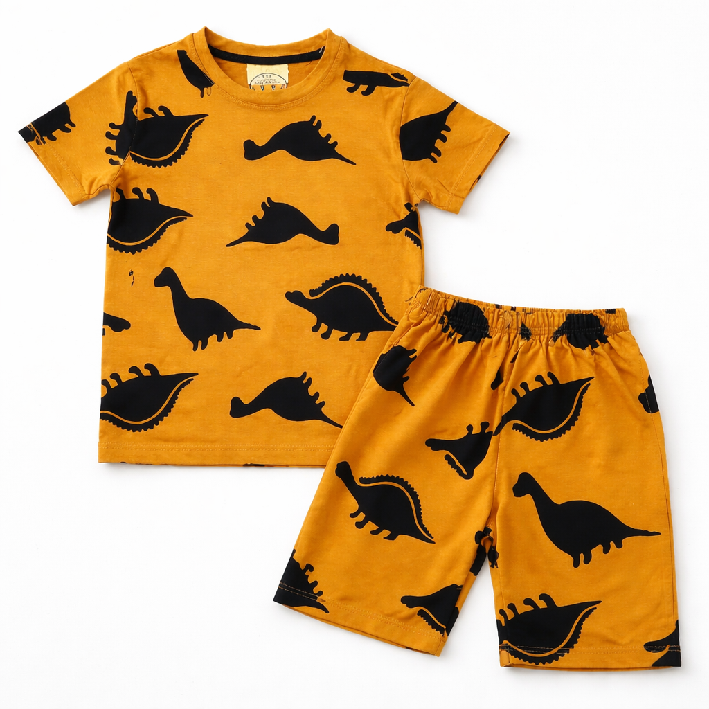 Lil' Cubs mustard dino summer coord set for kids, includes a sleeveless top and shorts with playful dinosaur print.