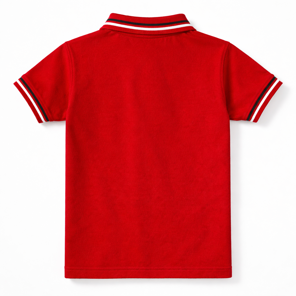 Red boys polo t-shirt with black and white lining, by lilcubspk, displayed flat showcasing collar and front design.