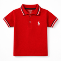 Red boys polo shirt by lilcubspk with black and white lining, featuring a classic collar and short sleeves.